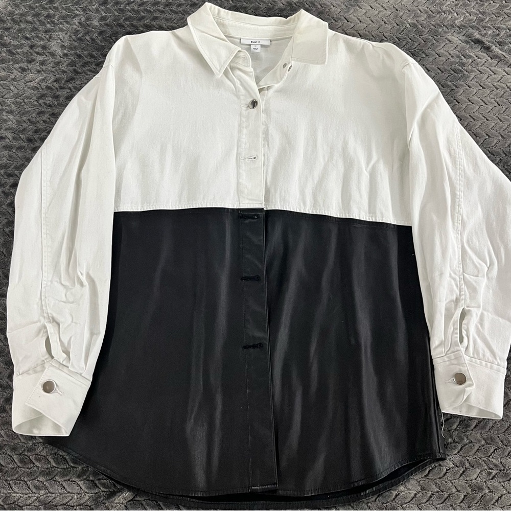 Faux leather colorblocked button up shirt